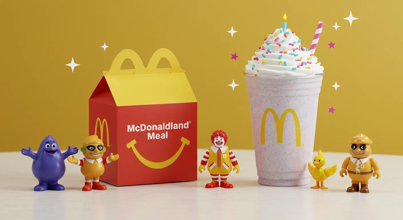McDonaldland Meal box, shake, and toys featuring Grimace, Birdie, Hamburglar, and Ronald McDonald